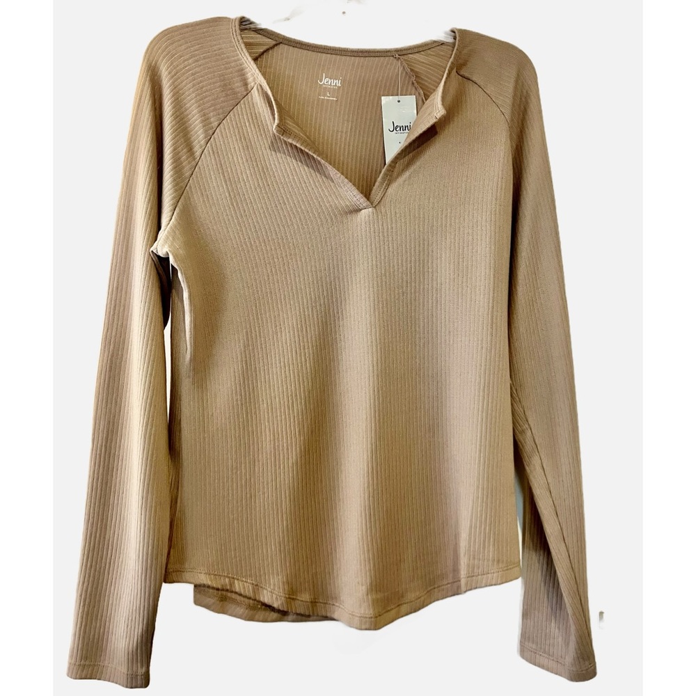 Jenni Intimates split neck pajama top, beige, warm & cozy